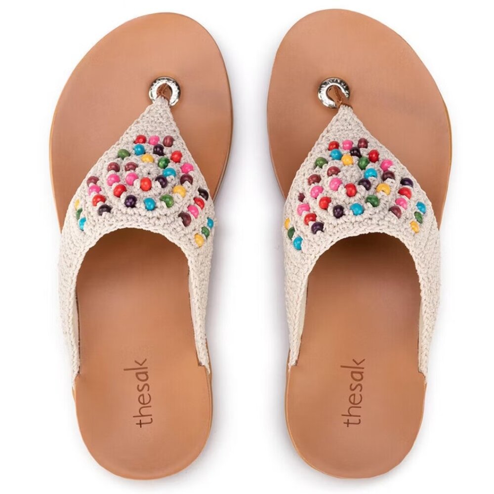 The Sak Womens Shana Beaded Boho Sandals Size 7 Ecru Multi Beads EUC